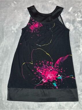 Express Black sleeveless dress with Pink Floral Splash and Neon Trim